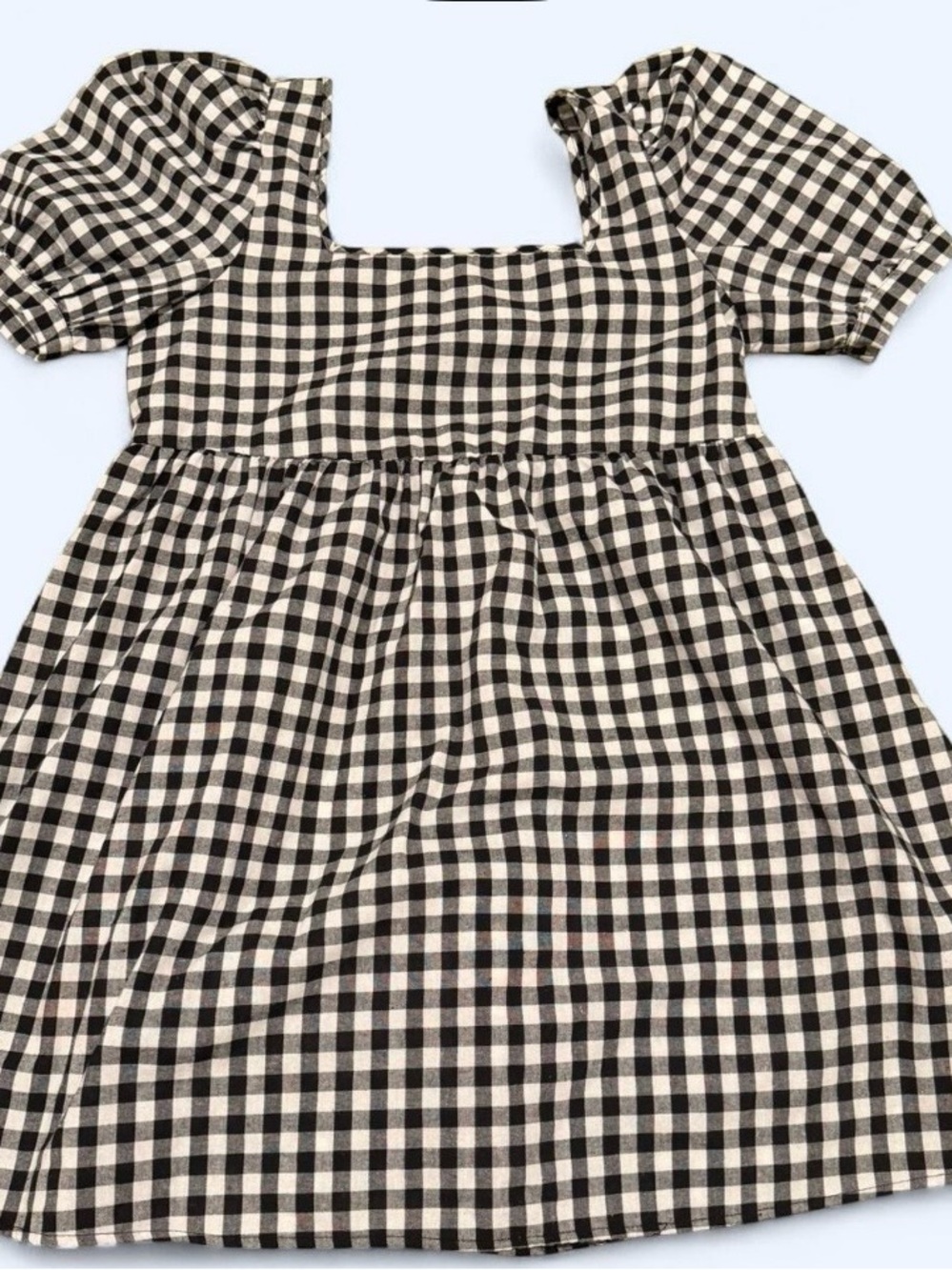 Womens Black & White Gingham Puff-Sleeve Dress